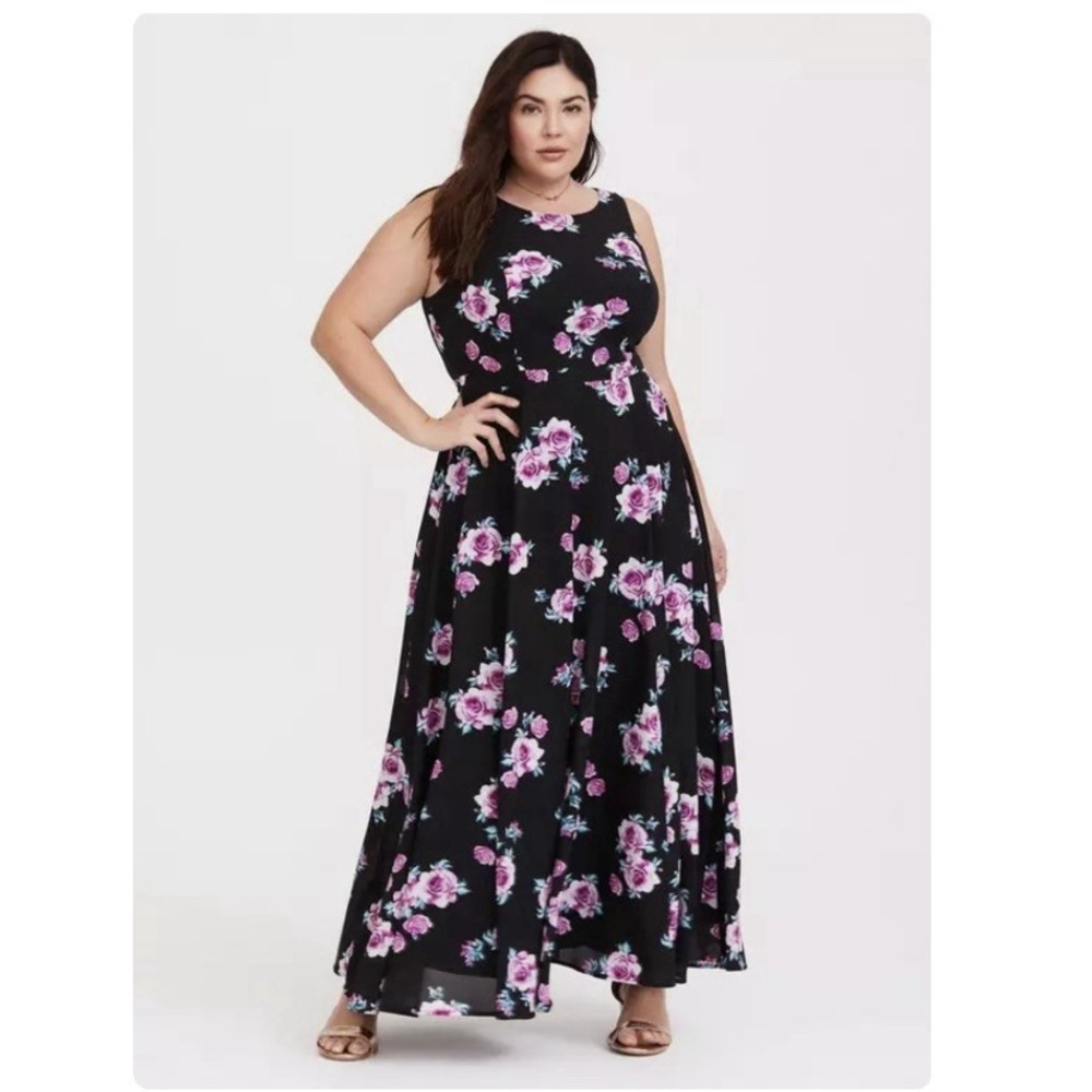 Torrid Black Pink Floral Georgette Sleeveless‎ Maxi Dress Size 16